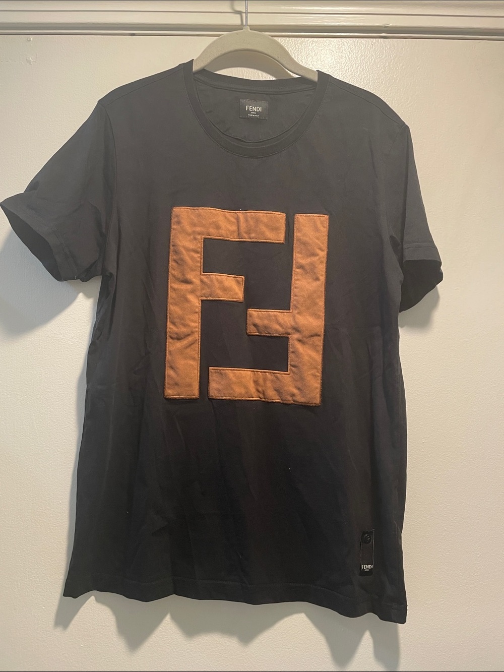 Fendi Black Short Sleeve Tee with Tan Logo Patch